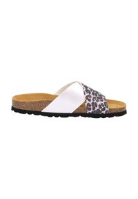Infradito con una fascia in tessuto leopardato e parte superiore in sintetico bianco lucido. Suola in sughero, forma curva e suola nera texturizzata.