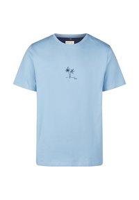 Hellblaues Baumwoll-T-Shirt mit kurzen Ärmeln, rundem Halsausschnitt und einer dunkelblauen Palmenstickerei auf der linken Brust.