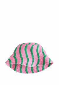 Rosa Bucket Hat mit grünen wellenförmigen Streifen, aus Baumwolle gefertigt, mit breiter, flexibler Krempe und strukturiertem Stoffmuster.