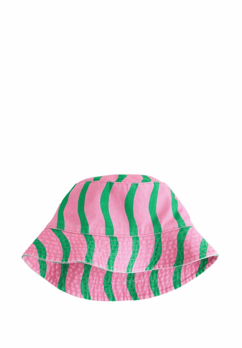 Rosa Bucket Hat mit grünen wellenförmigen Streifen, aus Baumwolle gefertigt, mit breiter, flexibler Krempe und strukturiertem Stoffmuster.