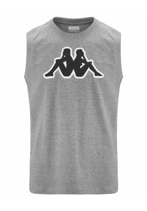 Canottiera grigia senza maniche realizzata in cotone. Presenta una grande grafica in bianco e nero di due figure sedute schiena contro schiena sulla parte anteriore.