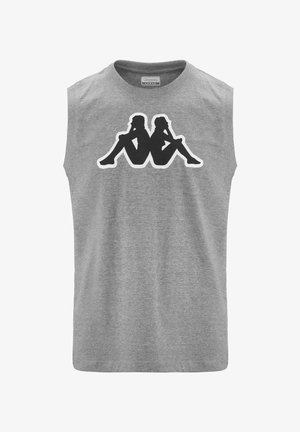 Canottiera grigia senza maniche realizzata in cotone. Presenta una grande grafica in bianco e nero di due figure sedute schiena contro schiena sulla parte anteriore.