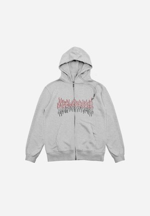 Gray zip-up hoodie with a front graphic design featuring red and black flame-like patterns. Soft texture, adjustable hood, and front pockets.