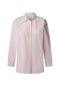Leichte, langärmlige Bluse in Weiß mit sanften rosa Streifen; verfügt über einen klassischen Kragen und eine durchgehende Knopfleiste mit einem dezenten Logoakzent.