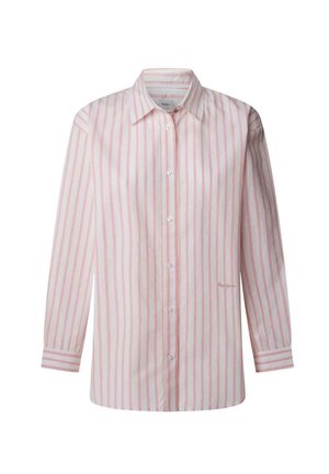 Lichte, lange mouwen shirt in wit en zachte roze strepen; heeft een klassieke kraag en knoopsluiting met een subtiele logo-accent. 