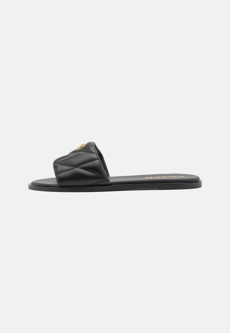Infradito neri imbottiti con suola piatta, caratterizzati da un accento dorato sulla fascia. Realizzati in materiale sintetico con una texture liscia.
