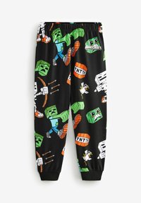 Pantalons de jogging noirs ornés d'imprimés colorés de personnages et d'objets de Minecraft, y compris des blocs de TNT et des personnages, avec une taille élastique et des poignets élastiques.