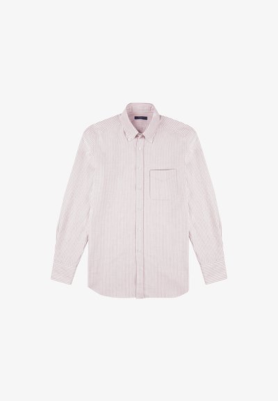 Gestreepte button-up shirt in lichtroze en wit, met een kraag, lange mouwen en een enkele borstzak. Gemaakt van lichte stof.