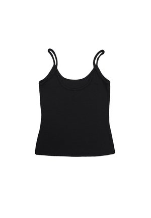 Czarna bezrękawnikowa koszulka z cienkimi ramiączkami i dekoltem w serek, ułożona na płasko na białym tle.