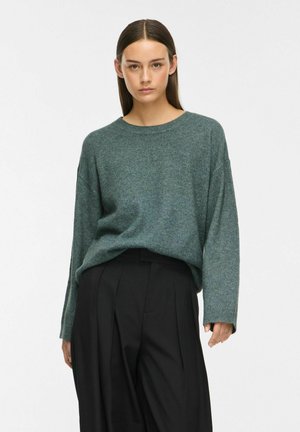 Donna con capelli lisci e scuri che indossa un maglione verde largo e pantaloni neri a vita alta su uno sfondo chiaro e uniforme.