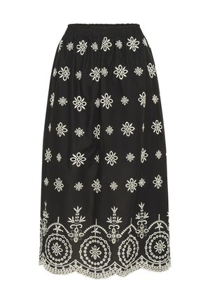 Zwarte rok met witte bloem borduursels, met een verzamelde elastische taille en een gegolfde zoom met gedetailleerde patronen en accenten.