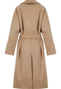 Beige trench coat with a classic design, featuring a notched collar, belted waist, and pleated back. Made from smooth, durable fabric.