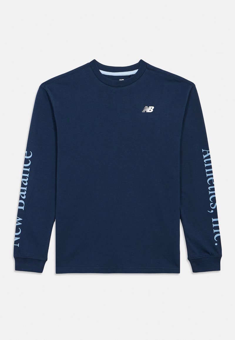 Navy blue long-sleeve shirt with New Balance logo on chest and "New Balance Athletics, Inc." text printed on sleeves.