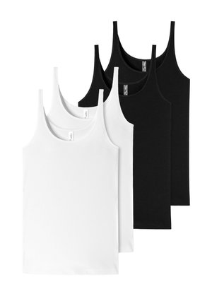 Set aus vier Tanktops: zwei weiße und zwei schwarze, aus Baumwolle gefertigt, mit dünnen Trägern und einem glatten, taillierten Design.