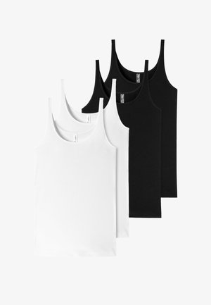 Ensemble de quatre débardeurs : deux blancs et deux noirs, en coton, avec des bretelles fines et un design lisse et ajusté.