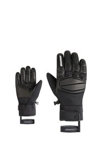 Black ski gloves featuring a textured leather palm, padded knuckles, and fabric wrist cuff with adjustable straps. Ziener branding visible.