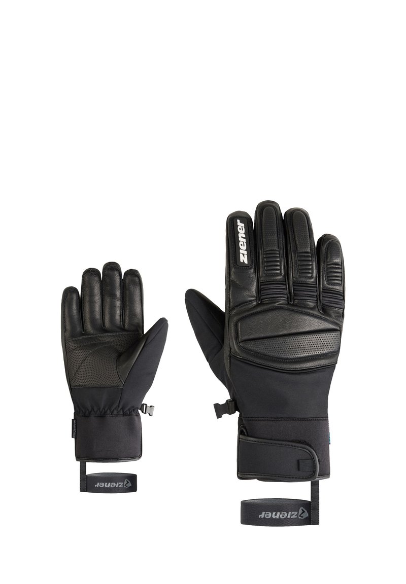 Black ski gloves featuring a textured leather palm, padded knuckles, and fabric wrist cuff with adjustable straps. Ziener branding visible.