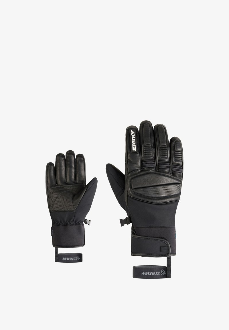 Black ski gloves featuring a textured leather palm, padded knuckles, and fabric wrist cuff with adjustable straps. Ziener branding visible.