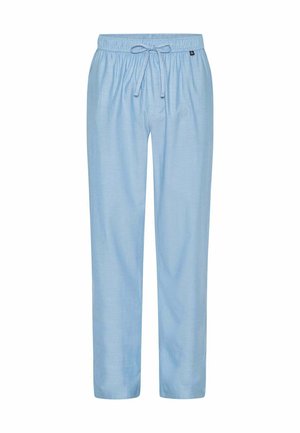 Pantalones de color azul claro hechos de una tela suave, con una cintura elástica con cordón, perneras rectas y sin bolsillos visibles.
