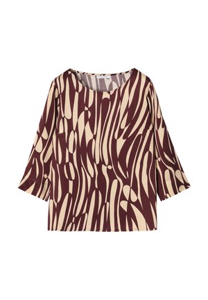 T-shirt à manches courtes bordeaux et crème, avec un motif abstrait fluide. Encolure ronde et coupe loose, fabriqué en tissu doux.