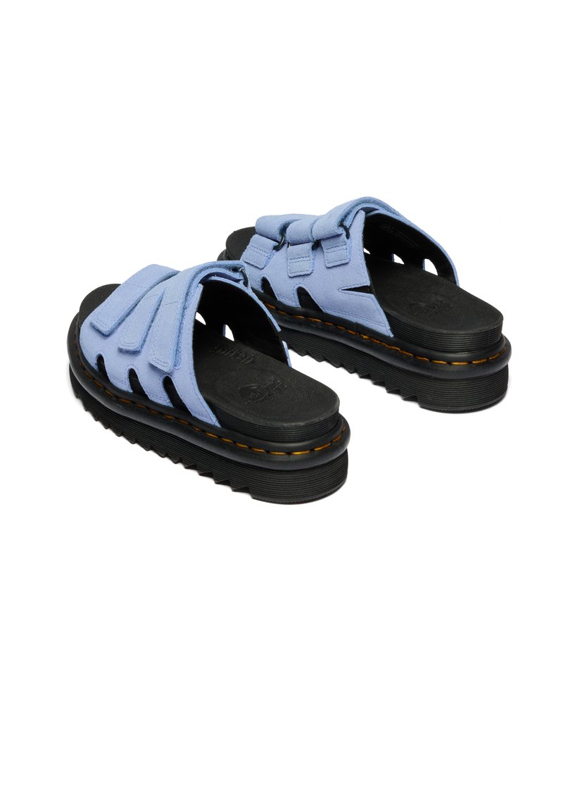 Light blue open-toe sandals with black thick soles, orange stitching, and adjustable Velcro straps, displayed on a white background.