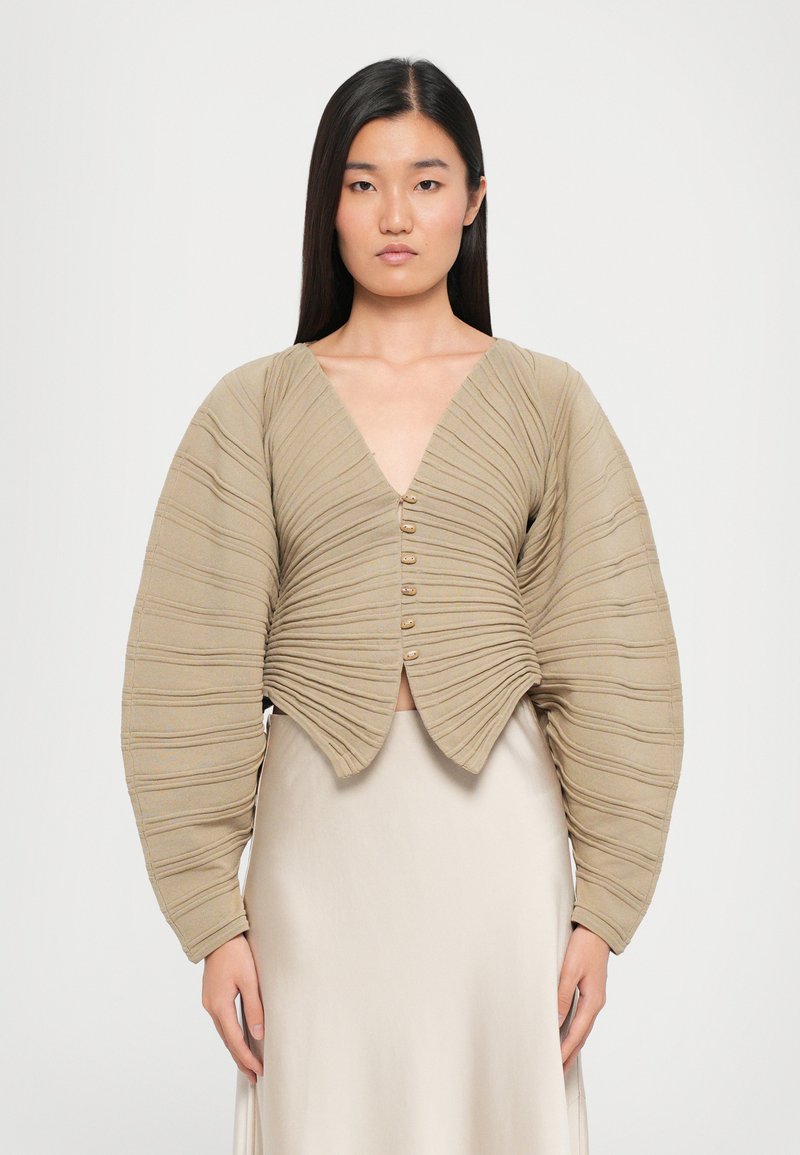Beige cropped top with ribbed texture, deep V-neck, and puffed sleeves. Features six buttons down the front. Smooth fabric below.
