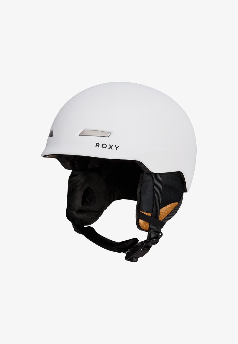 White ski helmet with textured surface and silver hardware accents. Features black ear pads with tan detailing and adjustable chin strap.