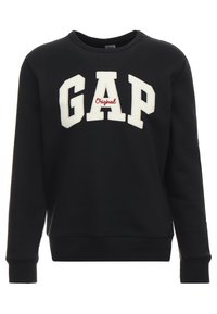 Sudadera negra de mezcla de algodón con el logo "GAP" en blanco y "Original" en rojo, con puños y dobladillo acanalados. Diseño de cuello redondo.