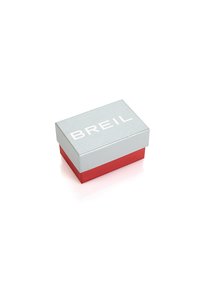 Srebrno-czerwone prostokątne pudełko o gładkim metalicznym wykończeniu, z białym wytłoczonym napisem "BREIL" na górze.