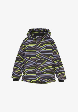 Skijacka med huva, med ett geometriskt mönster i svart, grönt och grått. Tillverkad av ett lätt, vattentåligt material.