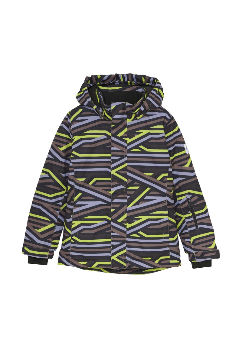 Skijacka med huva, med ett geometriskt mönster i svart, grönt och grått. Tillverkad av ett lätt, vattentåligt material.