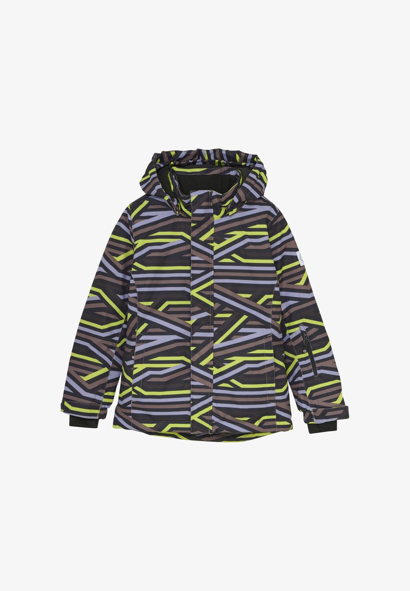 Skijacka med huva, med ett geometriskt mönster i svart, grönt och grått. Tillverkad av ett lätt, vattentåligt material.