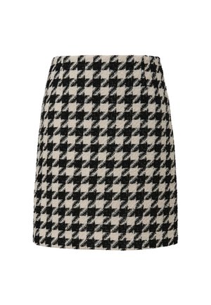 Zwart-witte houndstooth mini-rok, structuurstof, aansluitende taille, boven de knie lengte, nette afwerking, geen zichtbare sluitingen.