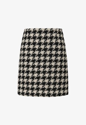 Zwart-witte houndstooth mini-rok, structuurstof, aansluitende taille, boven de knie lengte, nette afwerking, geen zichtbare sluitingen.