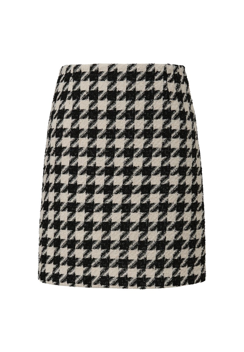 Schwarz-weißer Hahnentrittmuster-Minikilt, strukturierter Stoff, tailliert, oberhalb des Knies, sauberer Abschluss, keine sichtbaren Verschlüsse.