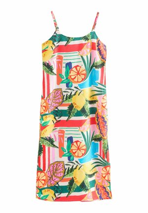 Rochie colorată fără mâneci, cu un model de fructe tropicale și frunziș pe un fundal deschis, cu bretele subțiri reglabile și o siluetă dreaptă.