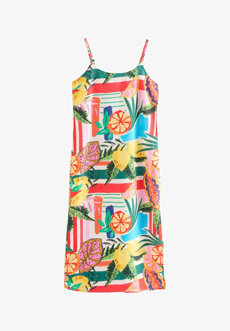 Robe sans manches colorée avec un motif de fruits tropicaux et de feuillage sur un fond clair, dotée de fines bretelles réglables et d'une silhouette droite.