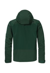 Green waterproof jacket with a hood, featuring a two-tone design and Velcro cuffs. Smooth texture, designed for outdoor use.