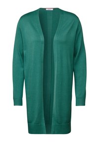 Grön cardigan med en öppen framsidan, långa ärmar, ribbad textur längs mitten och rak skärning till fållen.