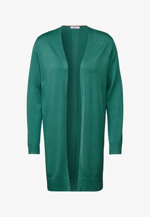 Cardigan verde con un diseño de frente abierto, mangas largas, textura acanalada a lo largo del centro y corte recto en el dobladillo.