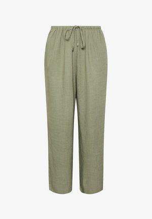 Lys olivengrønne bukser lavet af vævet stof, med elastisk talje og snøre samt lige ben design, uden synlige mønstre.