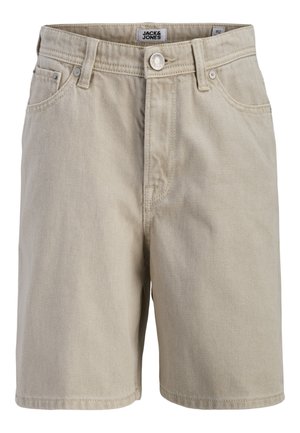 Beige Denim-Shorts mit vorderem Knopf- und Reißverschluss, Gürtelschlaufen, Vordertaschen und JACK & JONES-Label innen am Bund.