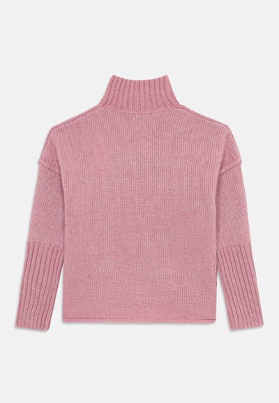 Rosa strikket genser med høy krage, ribbestrikkede mansjetter og avslappet passform. Teksturert stoff med en myk fasong, i ensfarget design.