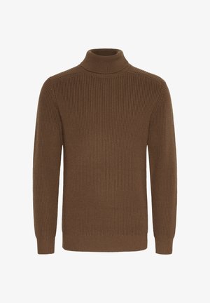 Brūns adīts turtlenecks džemperis ar garām piedurknēm un ribotām aprocēm, izgatavots no bieza teksturēta auduma.