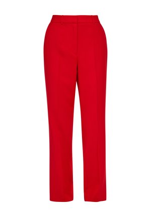 Red tailored trousers with a straight leg design, featuring a flat front, belt loops, and smooth texture. No visible patterns or embellishments.