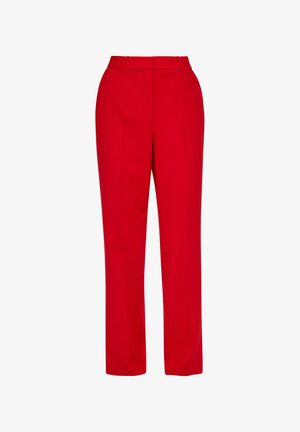 Rote maßgeschneiderte Hose mit geradem Bein, flachem Vorderteil, Gürtelschlaufen und glatter Textur. Keine sichtbaren Muster oder Verzierungen.