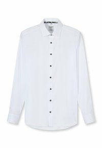 White long-sleeved shirt made of smooth fabric. Features a button-down front with black buttons and a contrasting patterned collar interior.