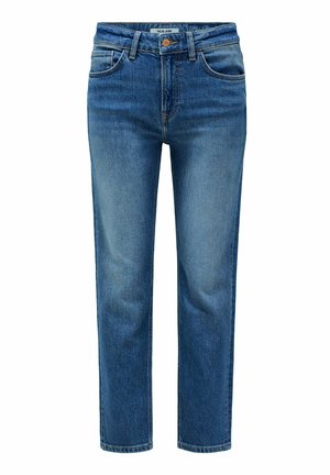 Jeans de mezclilla de color azul medio con corte recto, cinco bolsillos, cierre frontal con botón y una textura ligeramente deslavada. Detalles de costura de calidad visibles.