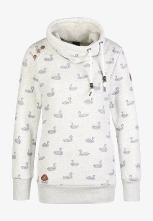 Vaaleanharmaa pusero kaulushuivisemalla kaula-alueella, jossa koko pinnan kattava joutsenkuosi, puiset napit olkapäällä ja logopatchi helmassa.