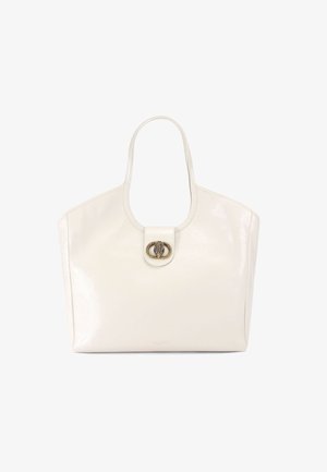 Biała torebka tote z lakierowanej skóry o zaokrąglonym kształcie, z zapięciem w kolorze złota i eleganckim, minimalistycznym designem. Gładka struktura z solidnymi uchwytami.